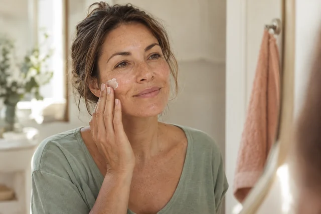 A woman gently applying moisturizer during her morning routine