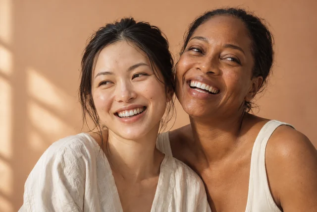 Two women sharing a relaxed smile in warm daylight
